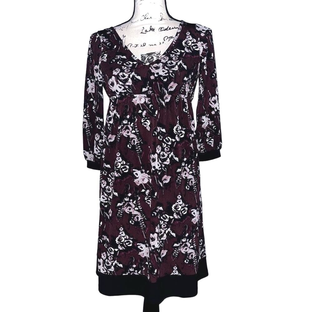 Ann Taylor LOFT Petites Plum Floral Empire Waist V-Neck 3/4 Sleeve‎ Dress XSP